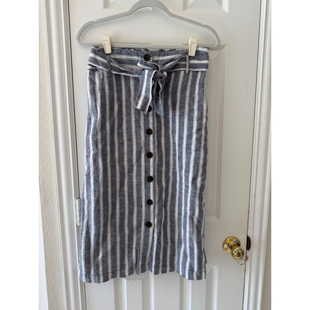 Christian Siriano Linen Stripe Button Front Midi Skirt Coastal Cottagecore M - Picture 5 of 7